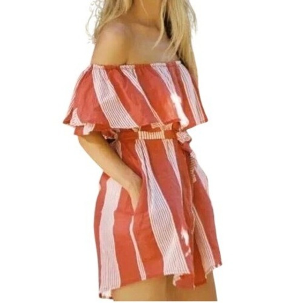 Faithfull the Brand Amalfie Rust Red Striped Off The Shoulder Dress Women Size 4